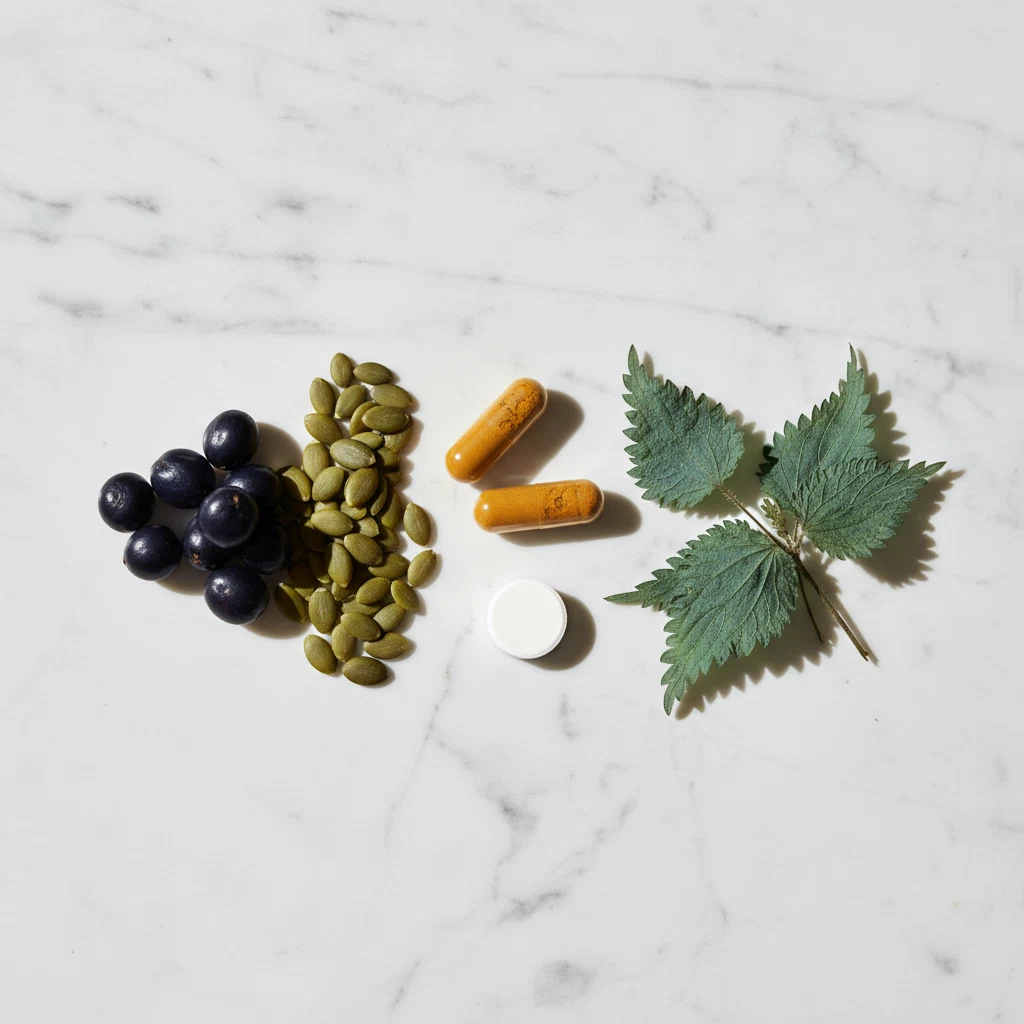 Natural botanical ingredients - saw palmetto, pumpkin seeds, nettle, zinc capsules for men's daily supplement routine